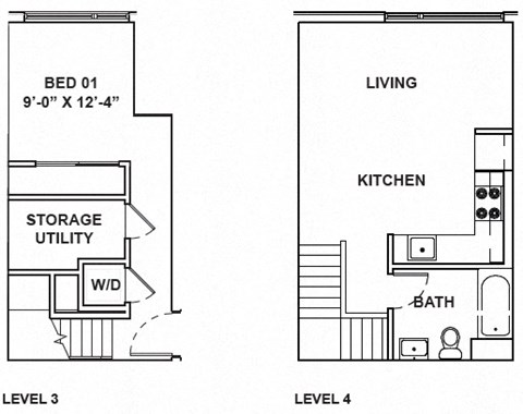 A floor plan shows a bedroom, a kitchen, a bathroom, and a storage utility area.